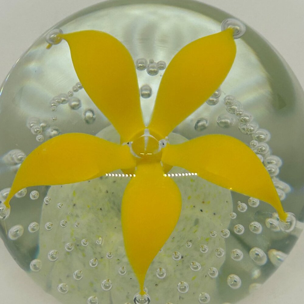 Wheaton Glass Controlled Bubble Paperweight With Yellow Flower Design - Picture 9 of 16